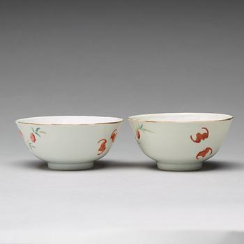 A pair of famille rose 'nine peaches' bowls, Qing dynasty, 19th century, with a 'Shende Tangzhi' mark.