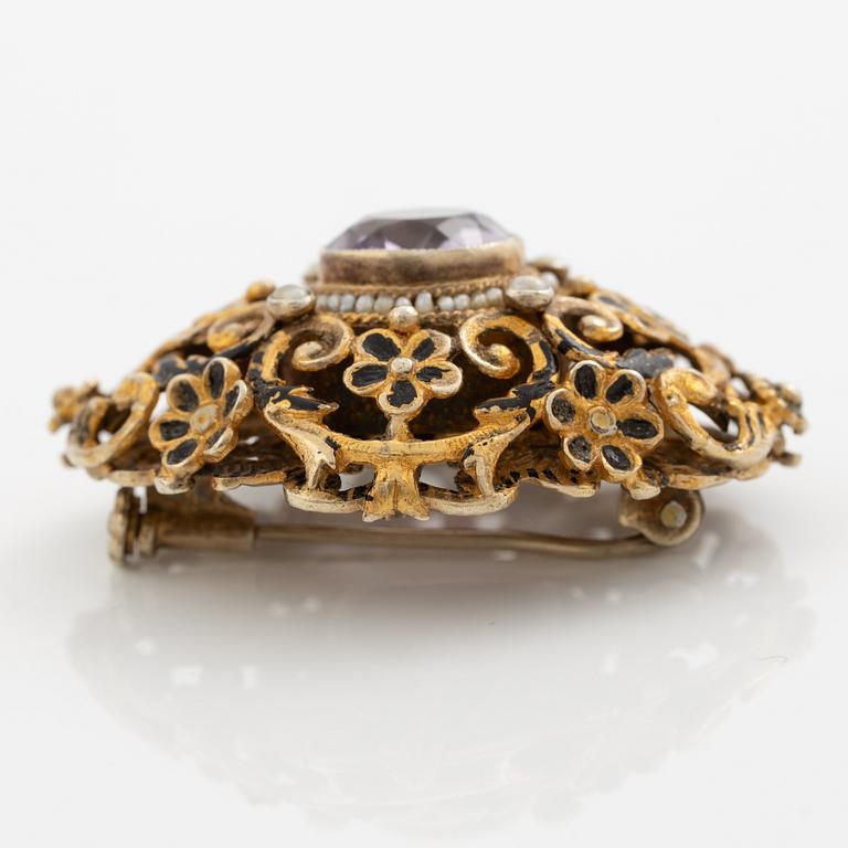 Brooch, gilded silver with amethyst and seed pearls.