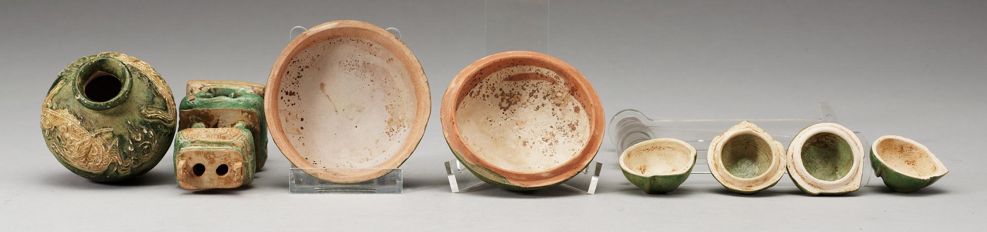 A group of five green glazed vessels, Ming dynasty, 17th Century.