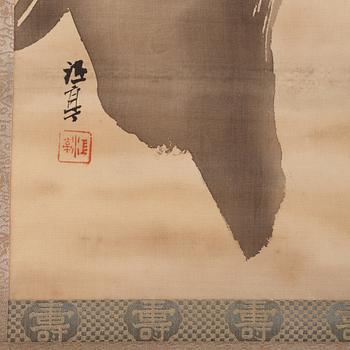 Two Japanese scroll paintings, ink and colour on paper, early 20th Century. Collaboration between two artists.