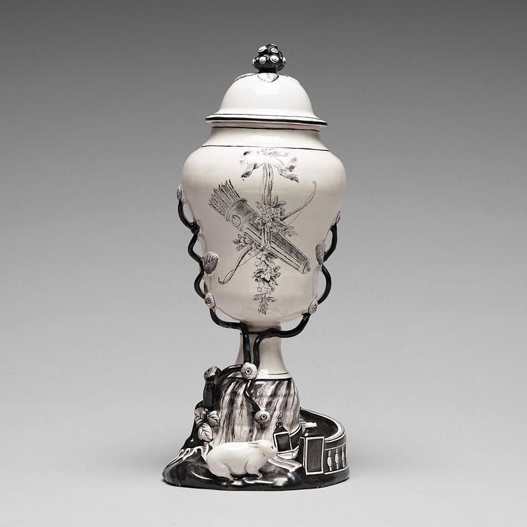 A grisaille Marieberg vase with cover, 18th Century.