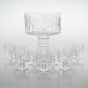 Oiva Toikka, a punch bowl and 9 glasses, "Flora", Nuutajärvi, 1966-1991.