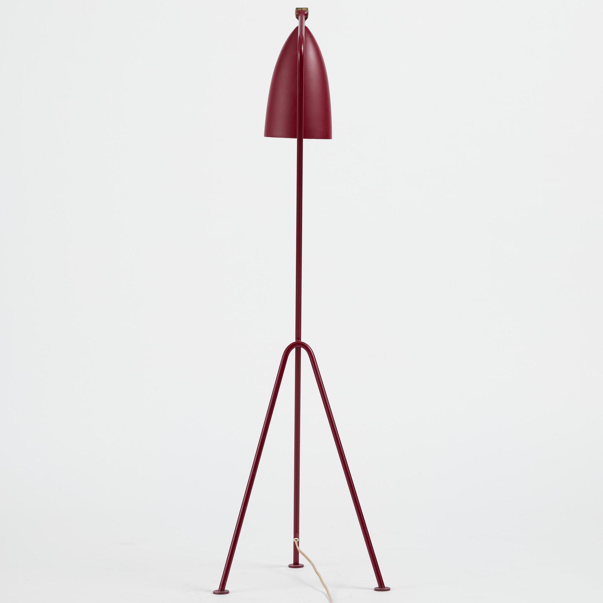 Greta Magnusson Grossman, a burgundy red "Grasshopper" floor lamp model "G-33", Bergboms, Malmö, 1950s.