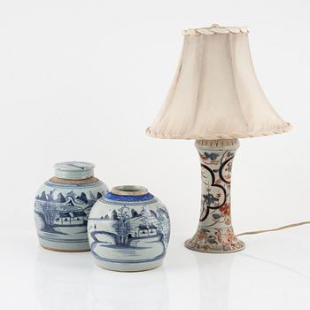 A Japanese vase made in to a lamp, and two Chinese blue and white jars, 19th Century.
