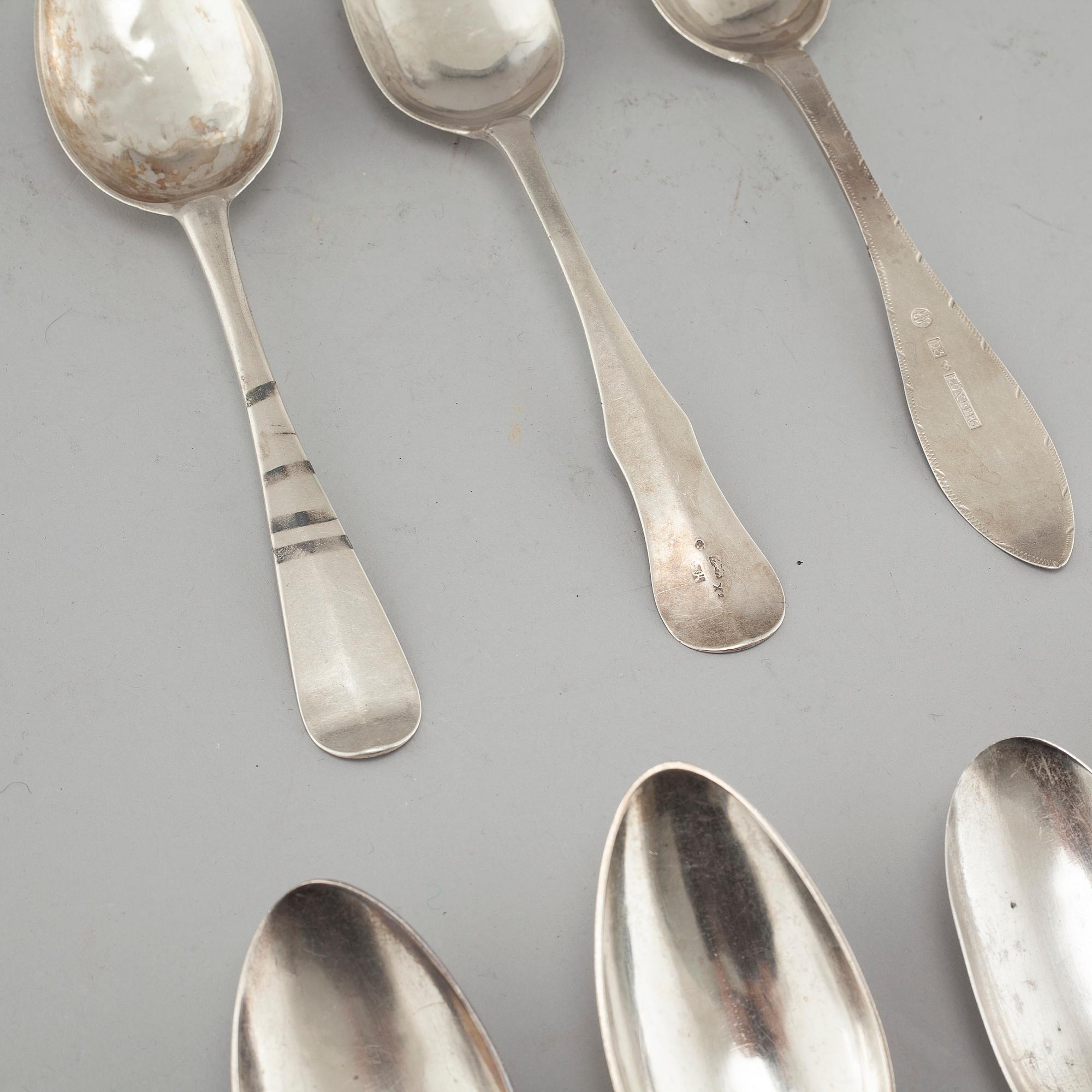 Seven spoons, silver, one by Johan Malmstedt (Gothenburg), mostly Swedish, 18th-19th century.