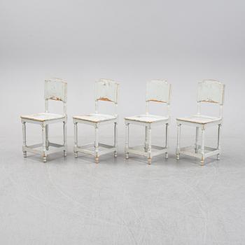 Four painte pine chairs, 19th Century.