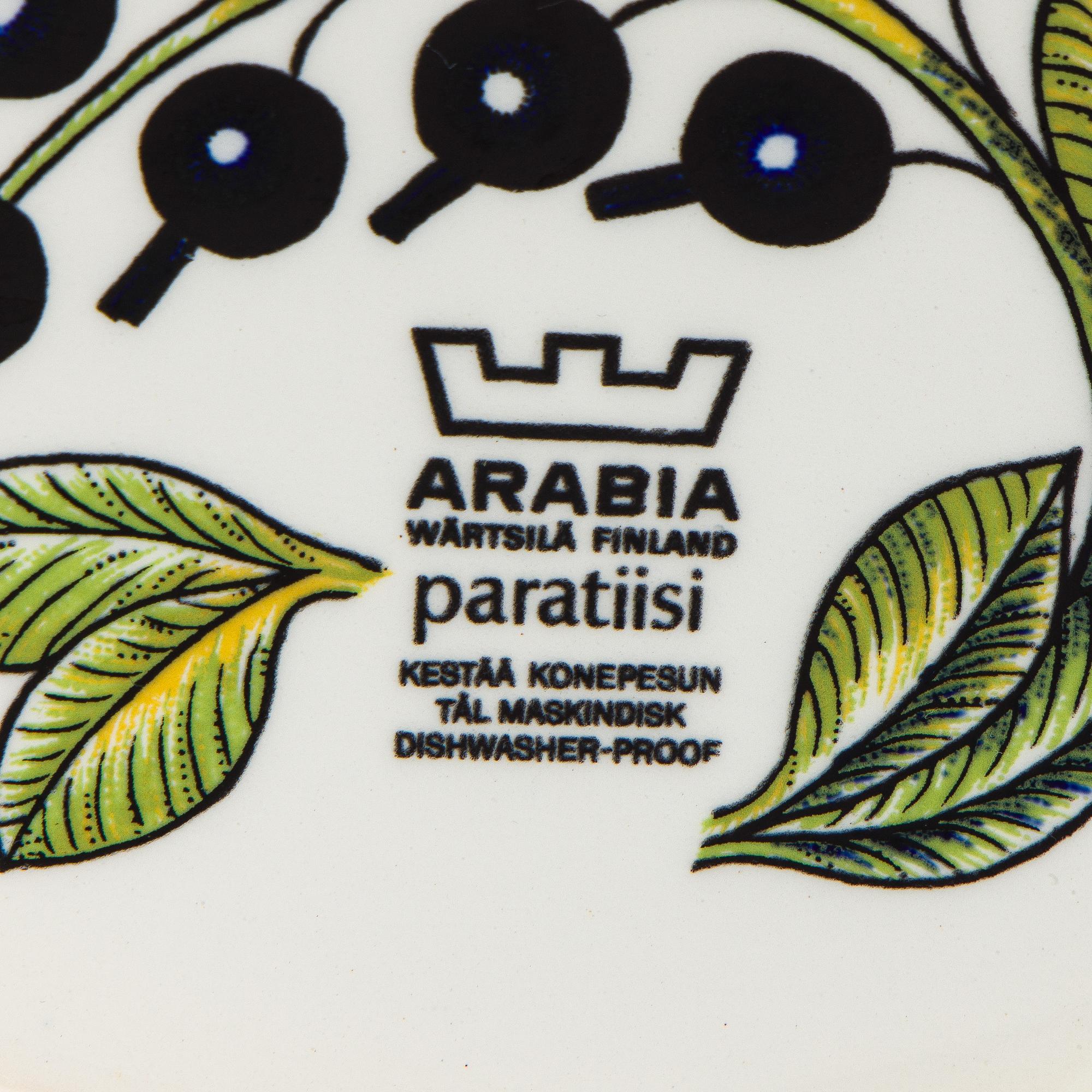 Birger Kaipiainen, astiasto, 15 osaa, ”Paratiisi”, Arabia, 1964–1971.