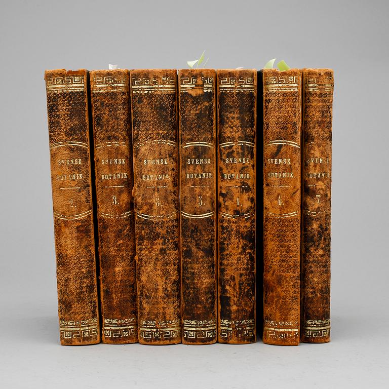 BOKVERK, 7 vol, "Svensk Botanik" utg Johan Wilhelm Palmstruch resp G.J. Billberg, Stockholm Carl Delén 1803-12.