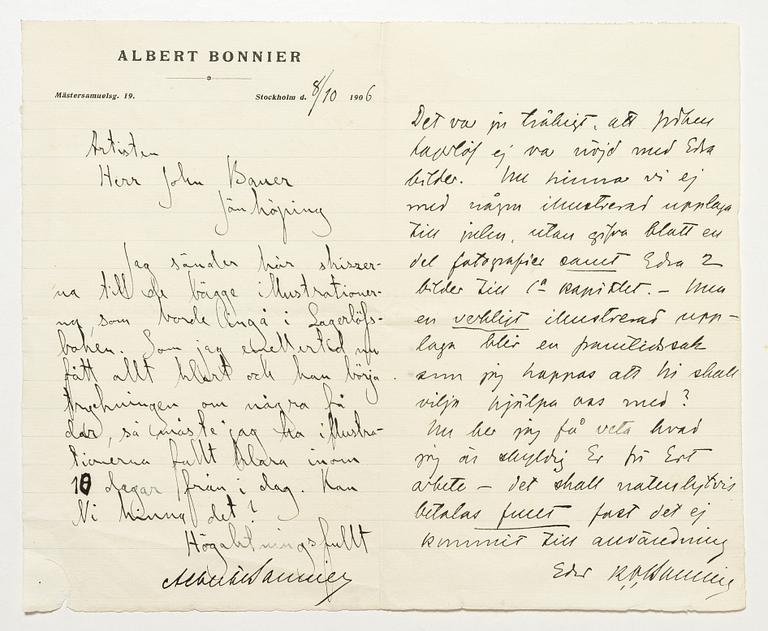 John Bauer, Tre brev mellan John Bauer och Bonniers om illustrationerna till Nils Holgersson.