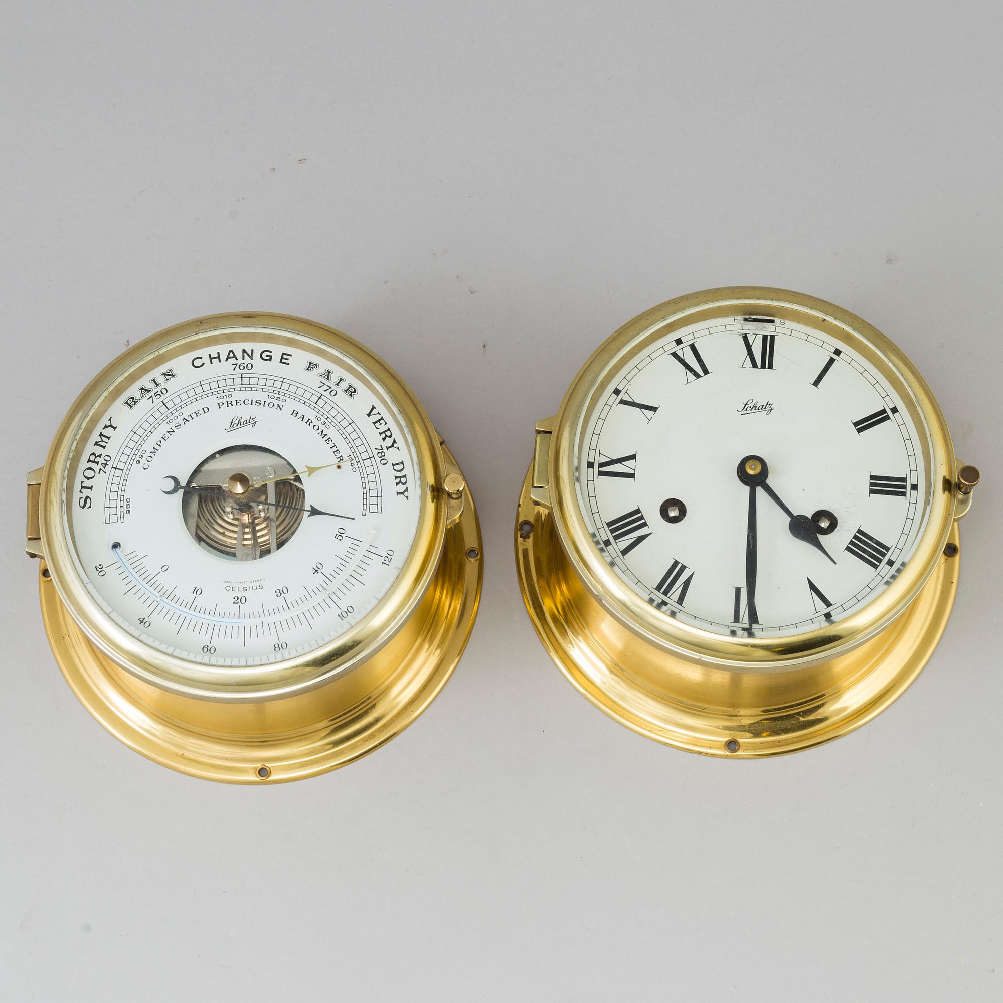 A ships barometer and clock, Schatz, 20th century.