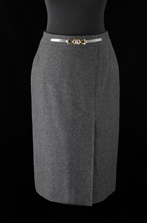 A two-piece grey wool costume consisting of jacket and skirt by Celine.
