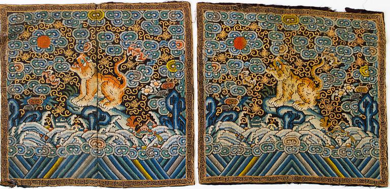 A pair of continued stich military official rank badges with tigers, Qing dynasty, 19th Century.