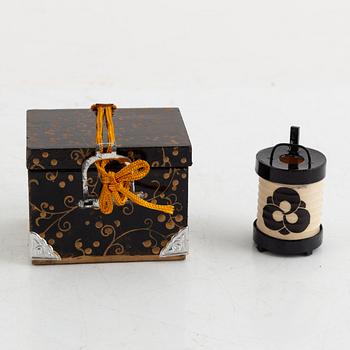 Doll, doll furniture, and table screen, Japan, wood, lacquer and paper, partly Showa, 20th century.
