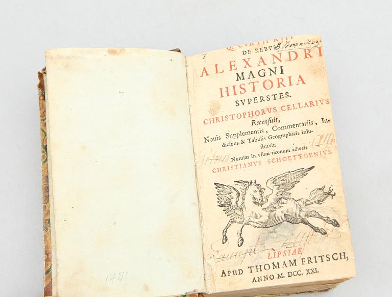 BOK, "Alexandri Magni Historia" av Q Curtius Rufus. Tryckt 1721 i Leipzig.