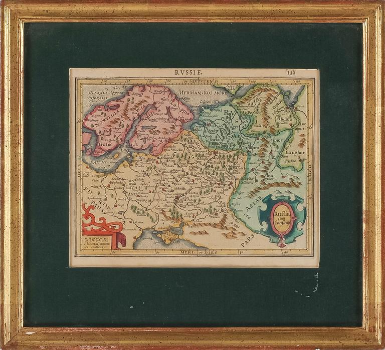 JODOCUS HONDIUS, handkolorerad karta över Ryssland, utgiven första gången 1608.