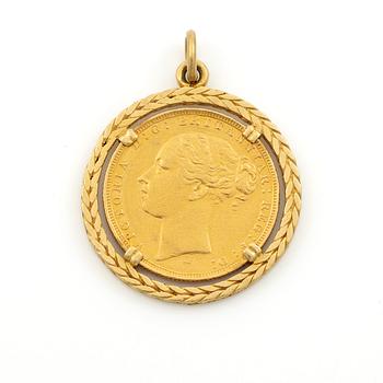 Gold coin, Great Britain, Victoria,  Sovereign, 1883, mounted as a pendant.