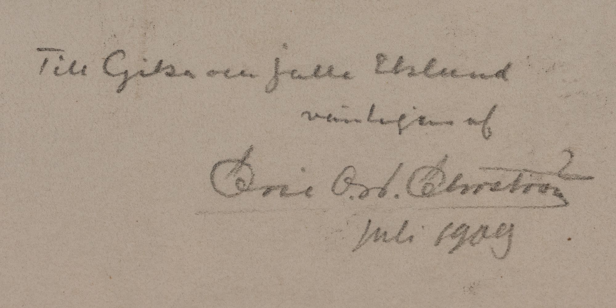 ERIC O. W. EHRSTRÖM, etsaus, signeerattu ja päivätty 1909, omistuskirjoitus.