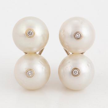 Cultured pearl and brilliant-cut diamond earrings.