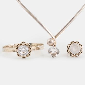 Necklace, ring and bangle, silver and synthetic white spinel by Alton.