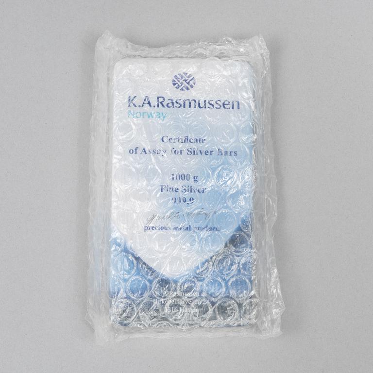 A silver bar, 1000 grams of fine silver, K.A. Rasmussen, Norway.