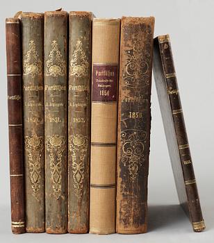 INBUNDEN TIDSKRIFT, 7 vol, "Portföljen...Skillings-Magasin för nytta och nöje", 1849-58.