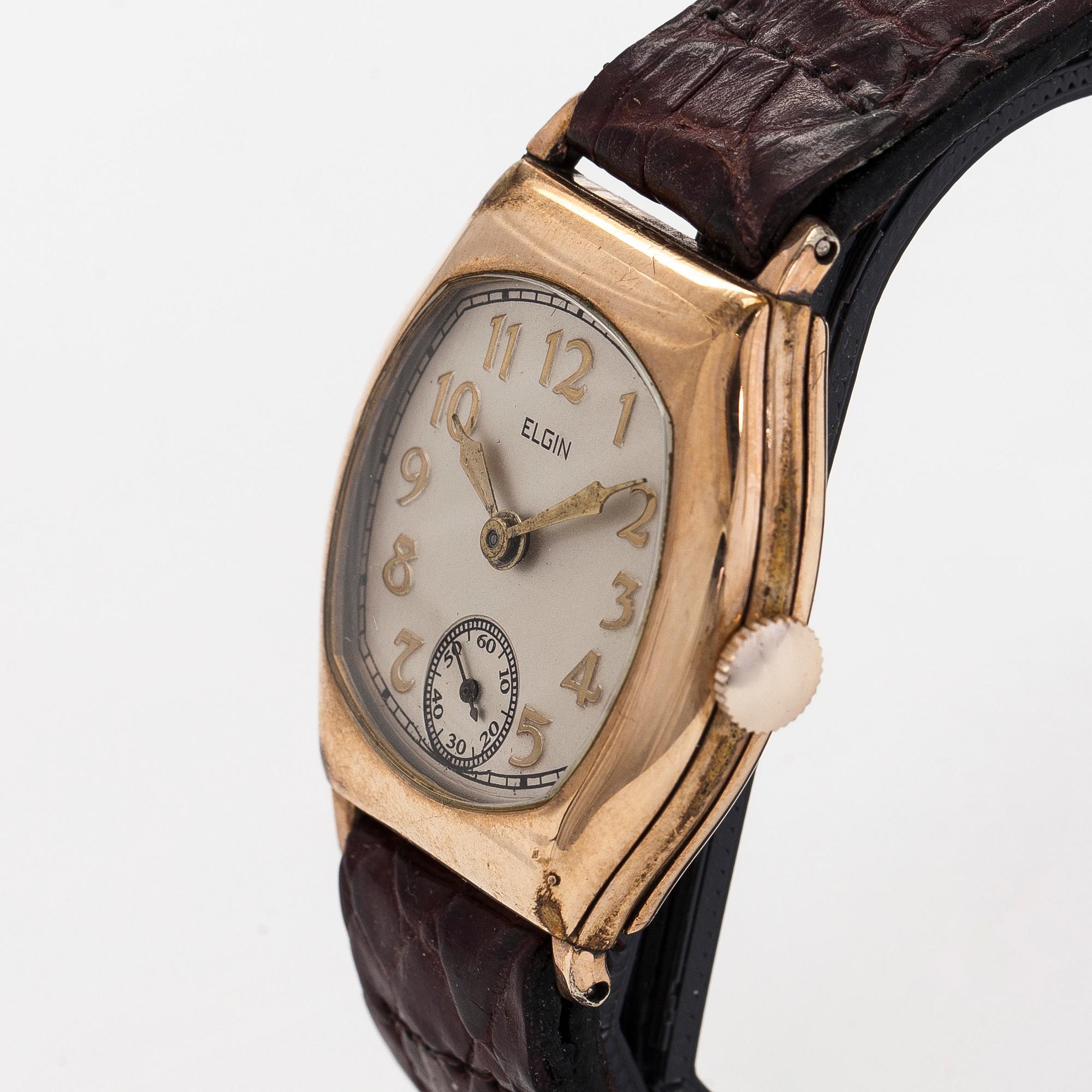 Elgin, armbandsur, 30 x 31 mm, förgyllt, manuell, plastglas, 1930-tal.