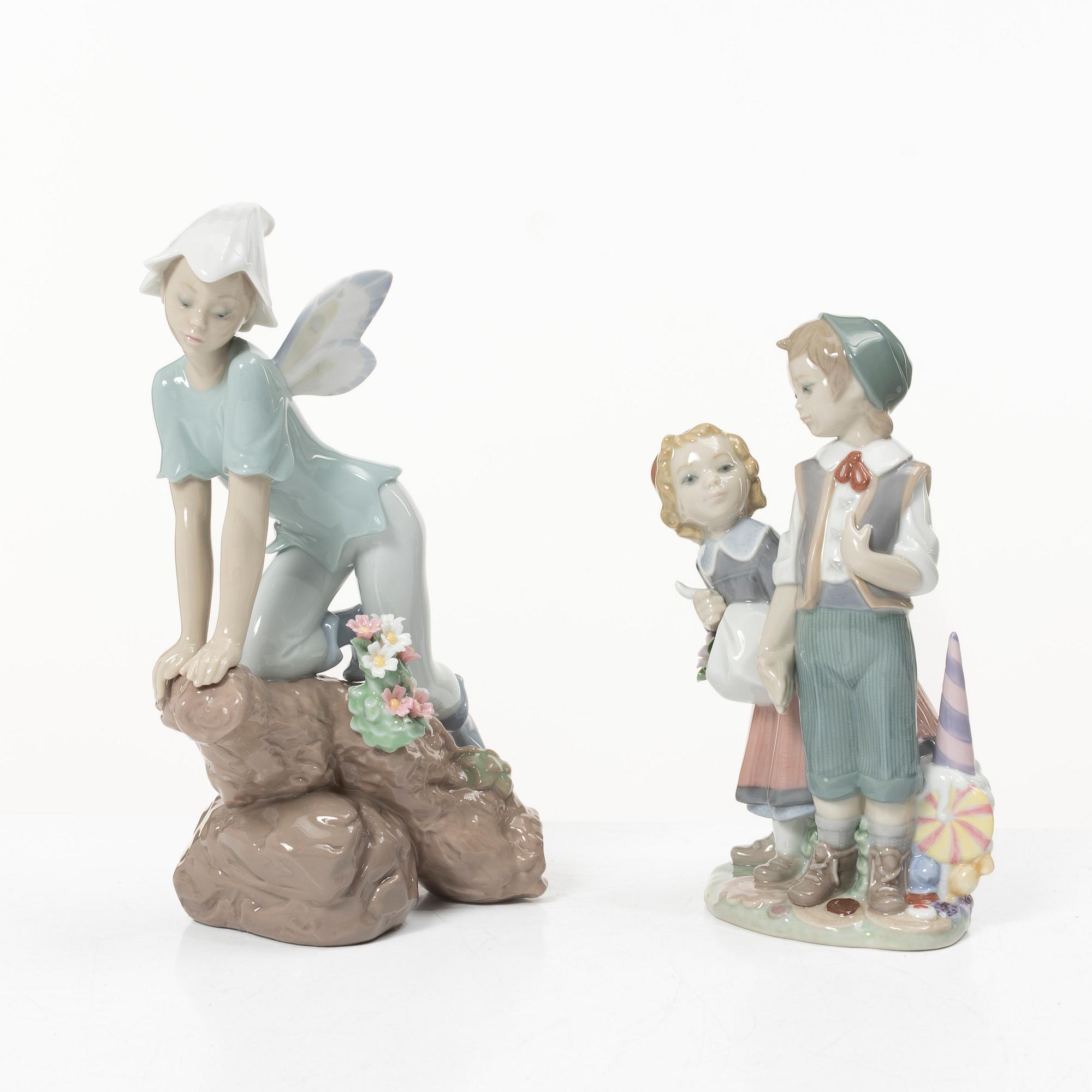 Lladró, figuriner, 4 st, "Prince of the elves", "Enchanted prince", "Puss in boots", "Hans och Greta", Spanien.