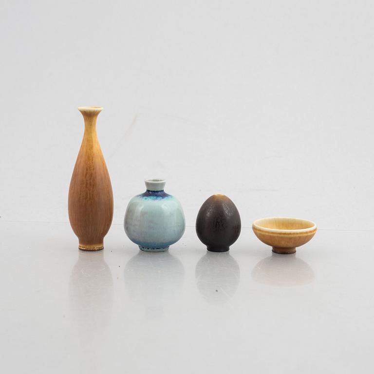 Berndt Friberg, a set of four stoneware miniatyres, Gustavsberg Studio (three vases, one bowl).