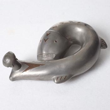 Estrid Ericson, a pewter and brass jar in the shape of a fish, Svenskt Tenn, Stockholm 1920's.