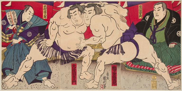 UTAGAWA KUNITOSHI (1847-1899), färgträsnitt. Japan, omkring 1885. "Umegatani vs Kimura".