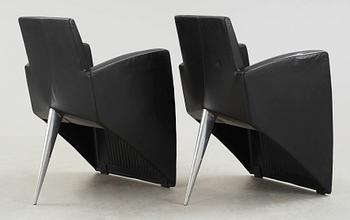 A pair of  Philippe Starck black leather armchairs, 'J Serie Lang', Aleph, Italy.