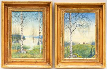 Per Julius, Spring Birches in Twilight Landscape, a pair,.