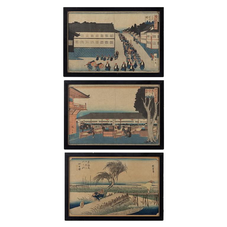 Ando Utagawa Hiroshige, efter, färgträsnitt, 3 st, Japan, tidigt 1900-tal.