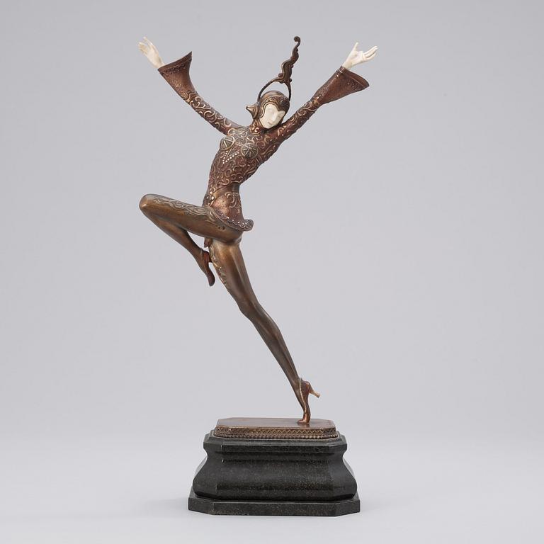 A Gustav Schmidt-Cassel gilt and cold painted bronze and ivory Art Deco figure of an 'Eastern dancer'.