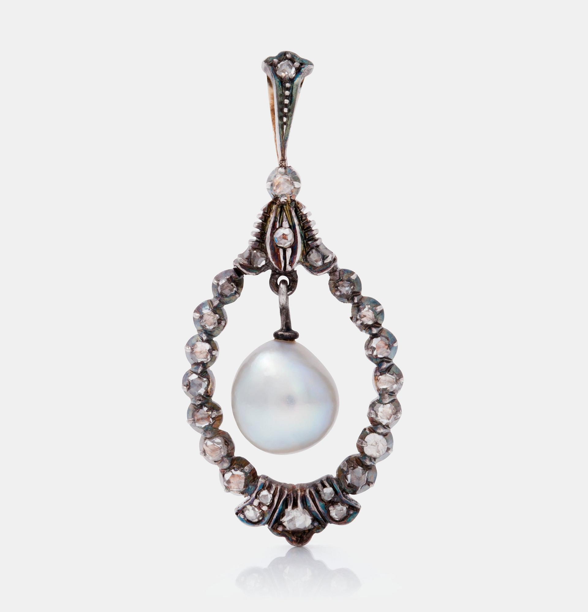 A probably natural semi-baroque saltwater pearl and rose-cut diamond pendant.