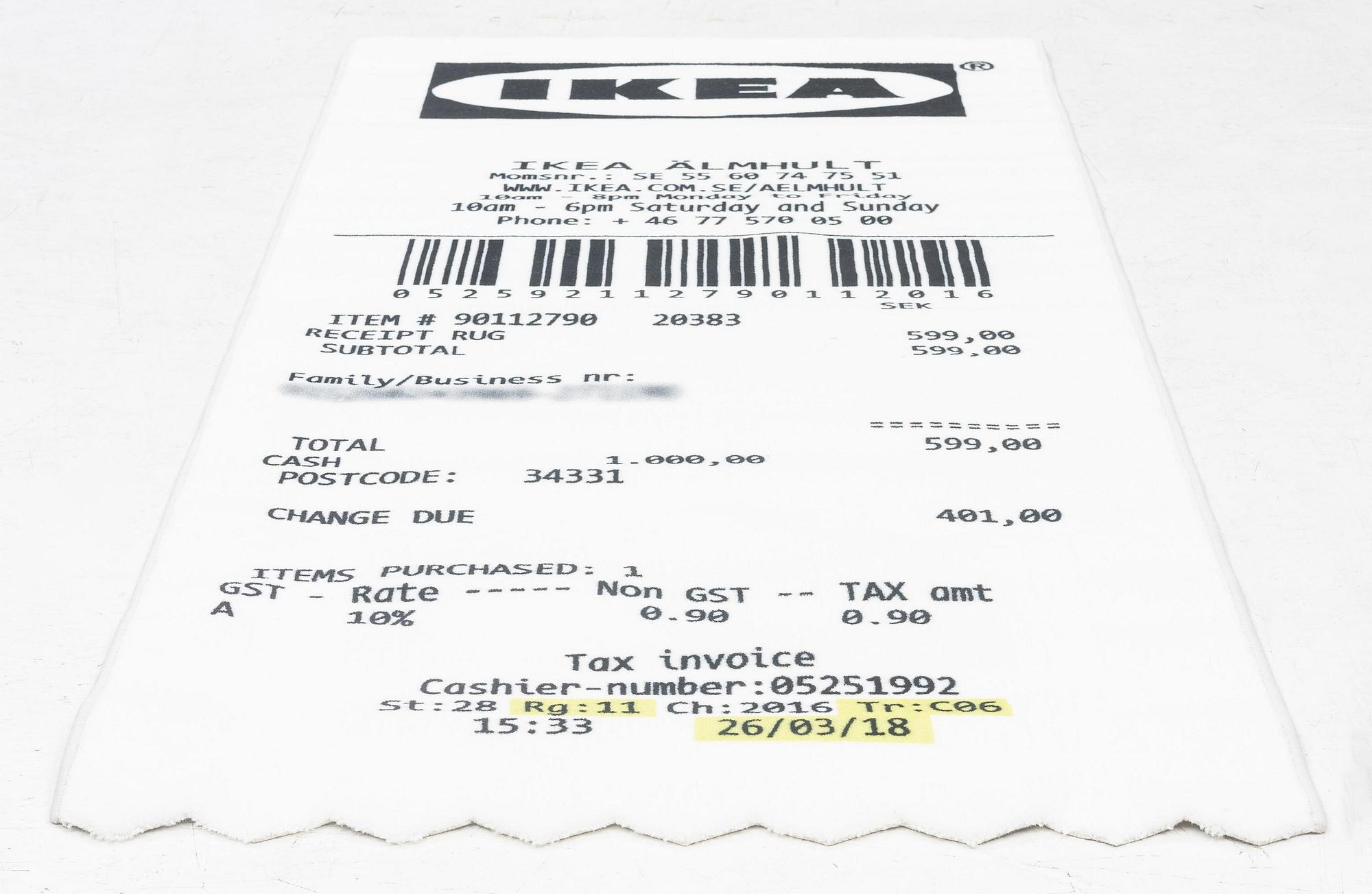 Virgil Abloh, a carpet,  'kvitto' ('Receipt'), IKEA x Virgil Abloh, the 'MARKERAD' collection, c 200 x 90 cm.