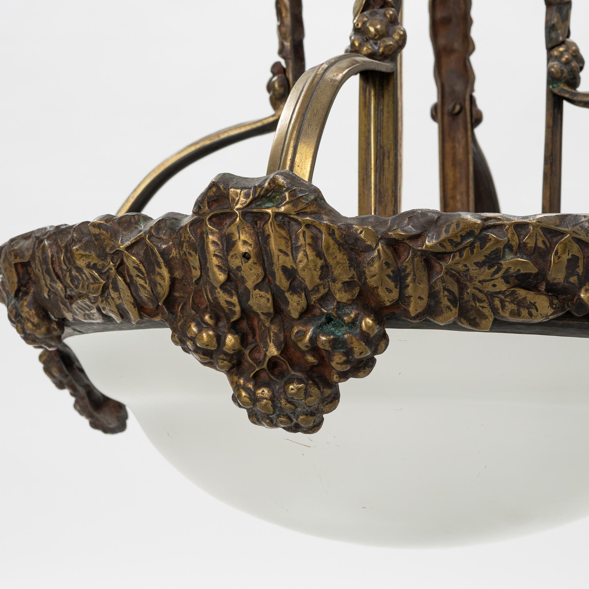 An Art Nouveau glass and brass ceiling light, Arvid Böhlmarks Lampfabrik, early 20th Century.