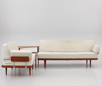 Peter Hvidt & Orla Mølgaard Nielsen, two 'Minerva' sofas and a coffee table, France & Son, Denmark, 1960's.