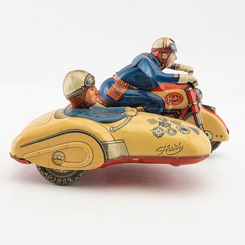 Toy motorcycle with sidecar. Huki Germany mid-20th century lithographed tin.