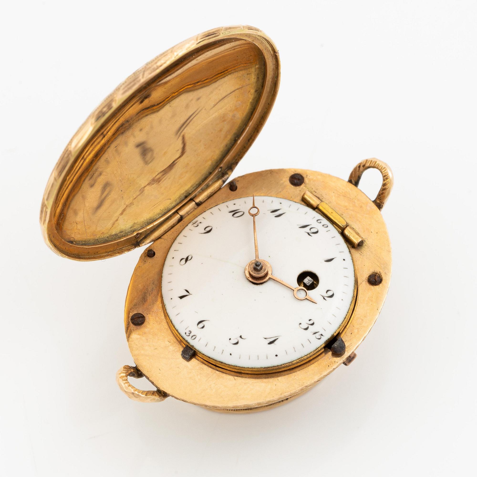 Fickur i form av korg, guld och emalj, Genève, Schweiz, tidigt 1800-tal.