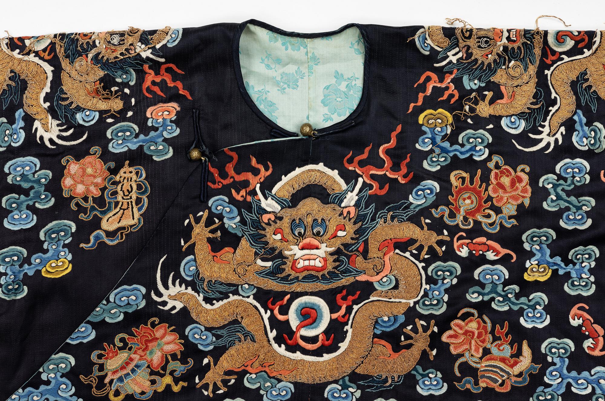 A midnight blue silk 'Chao Pao'/ceremonial robe, Qing dynasty, 1850's.