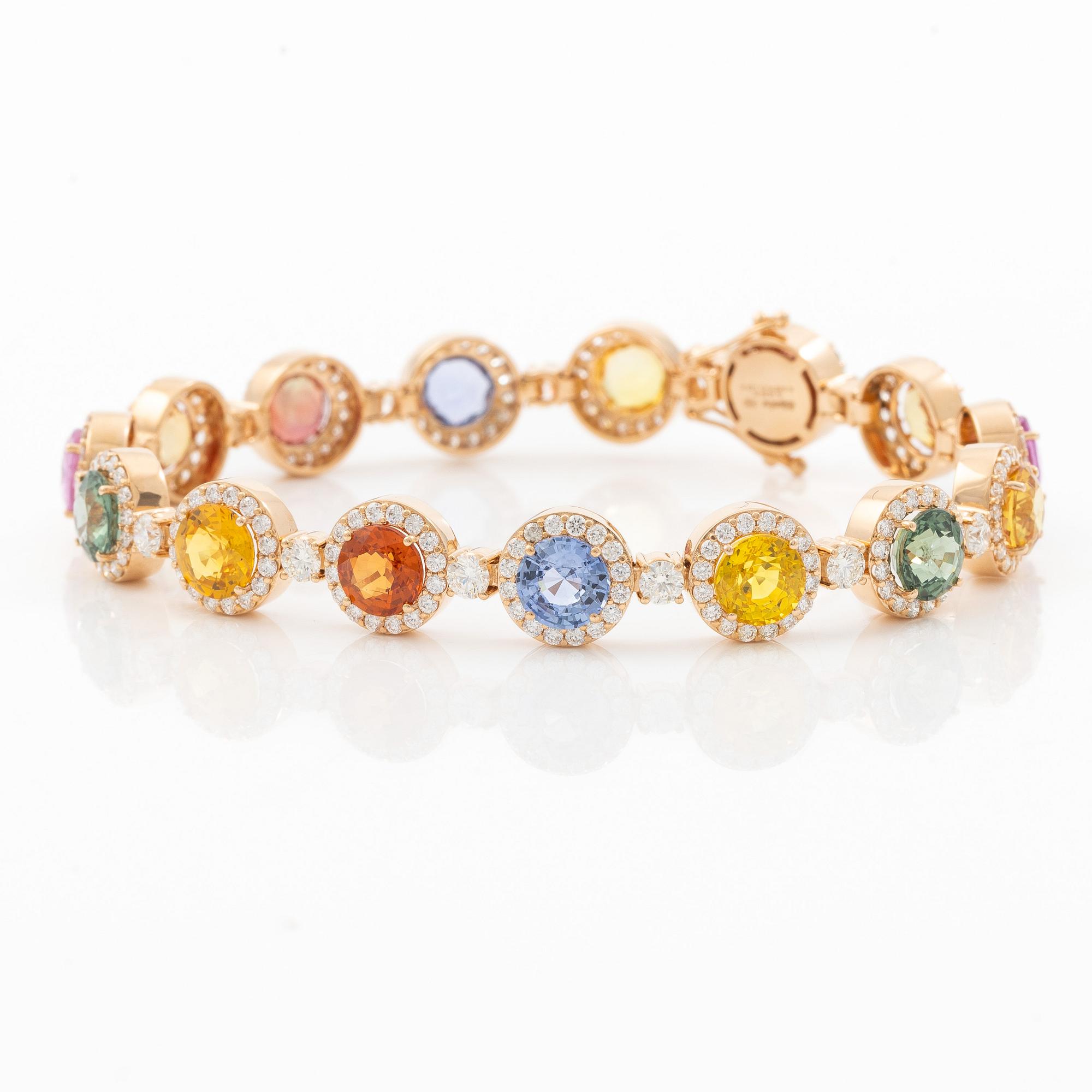 Bracelet 18K rose gold with rainbow-coloured sapphires and brilliant-cut diamonds.