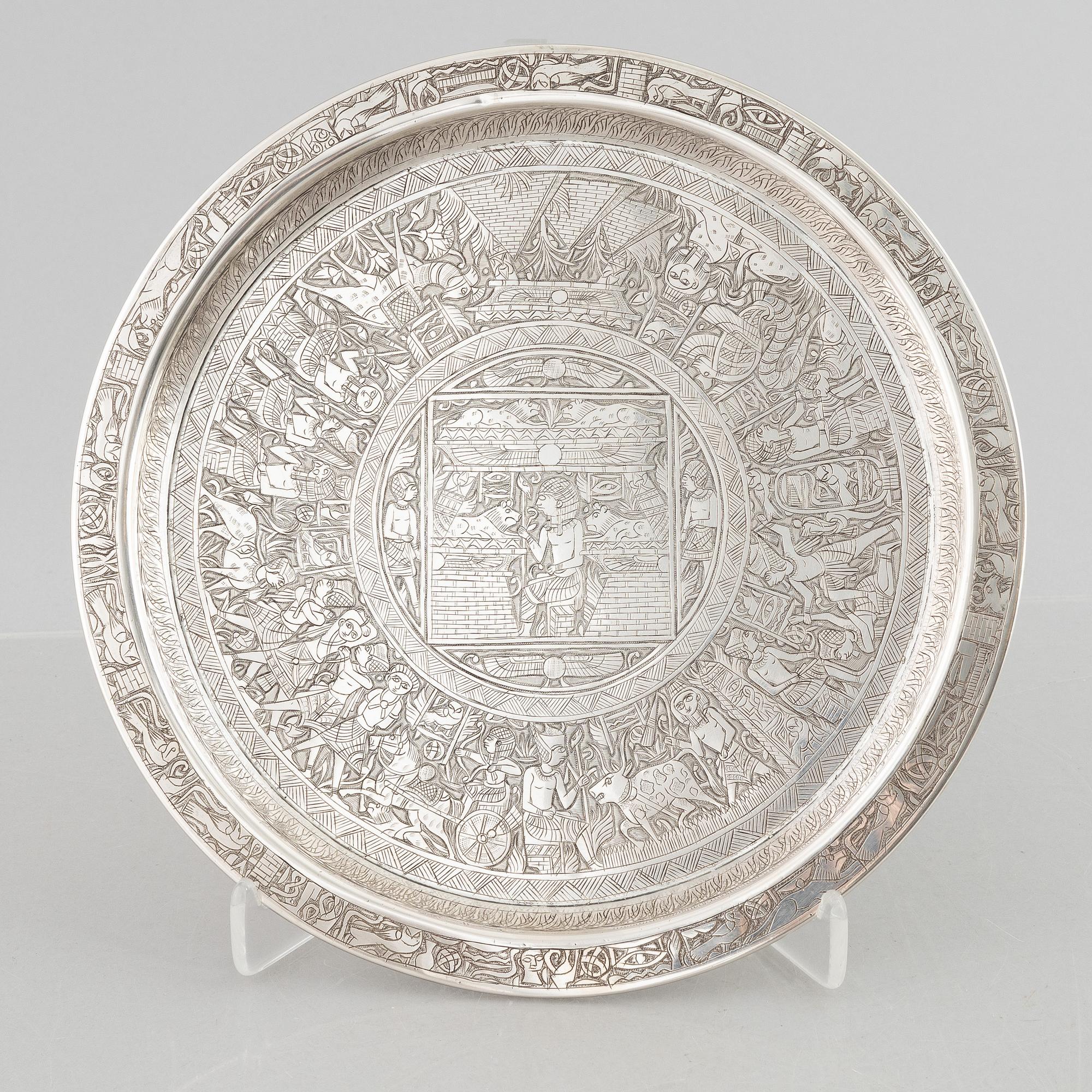 A silver 800 tray and coffee pot, and six glasses without marks. Probably Egypt.