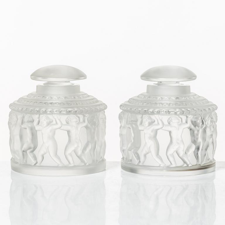René Lalique, flacons with lids, a pair, glass, "Les Enfants", France, signed.