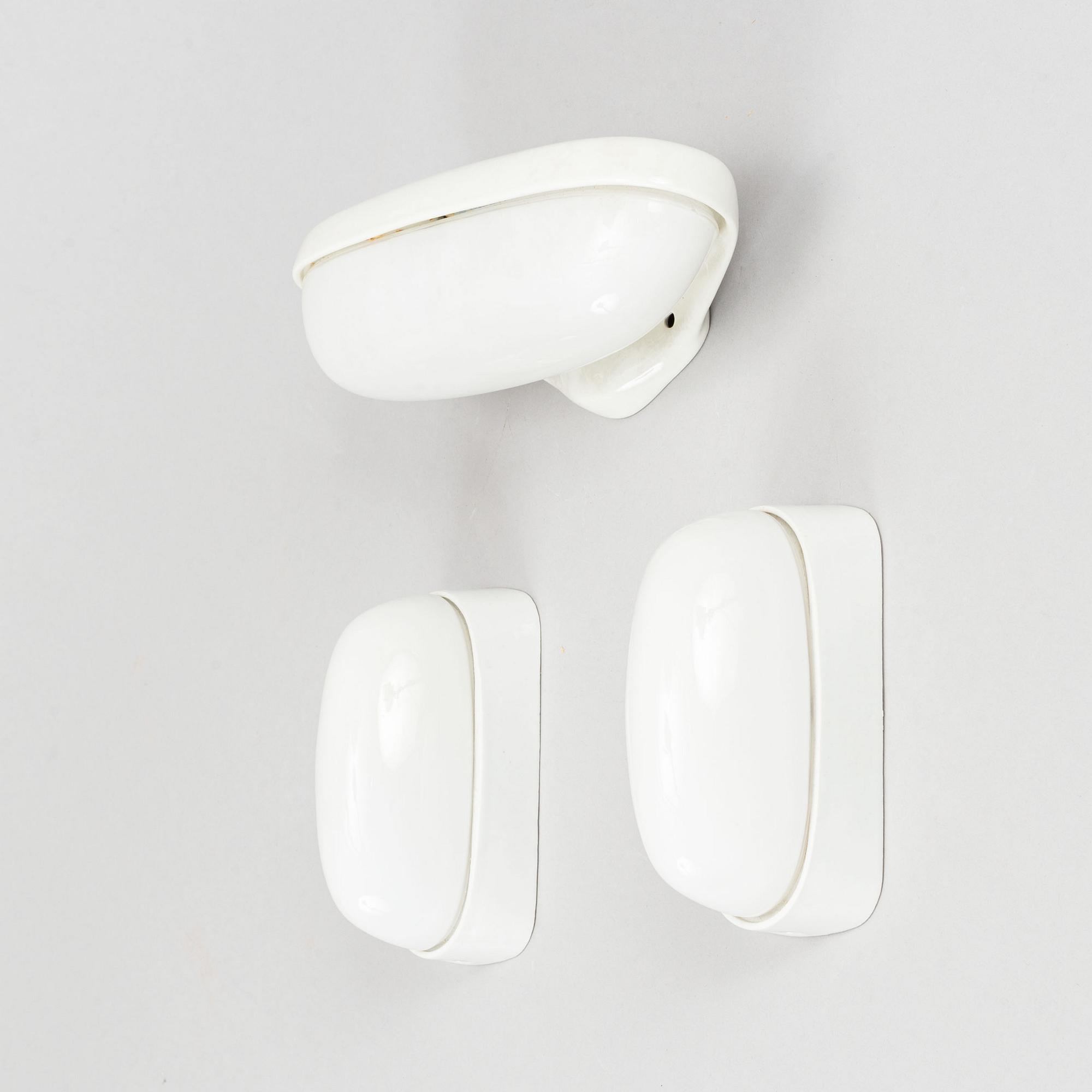 Wilhelm Wagenfeld, a set of three glass and ceramic bathroom lights, Lindner Keramik, Bamberg.