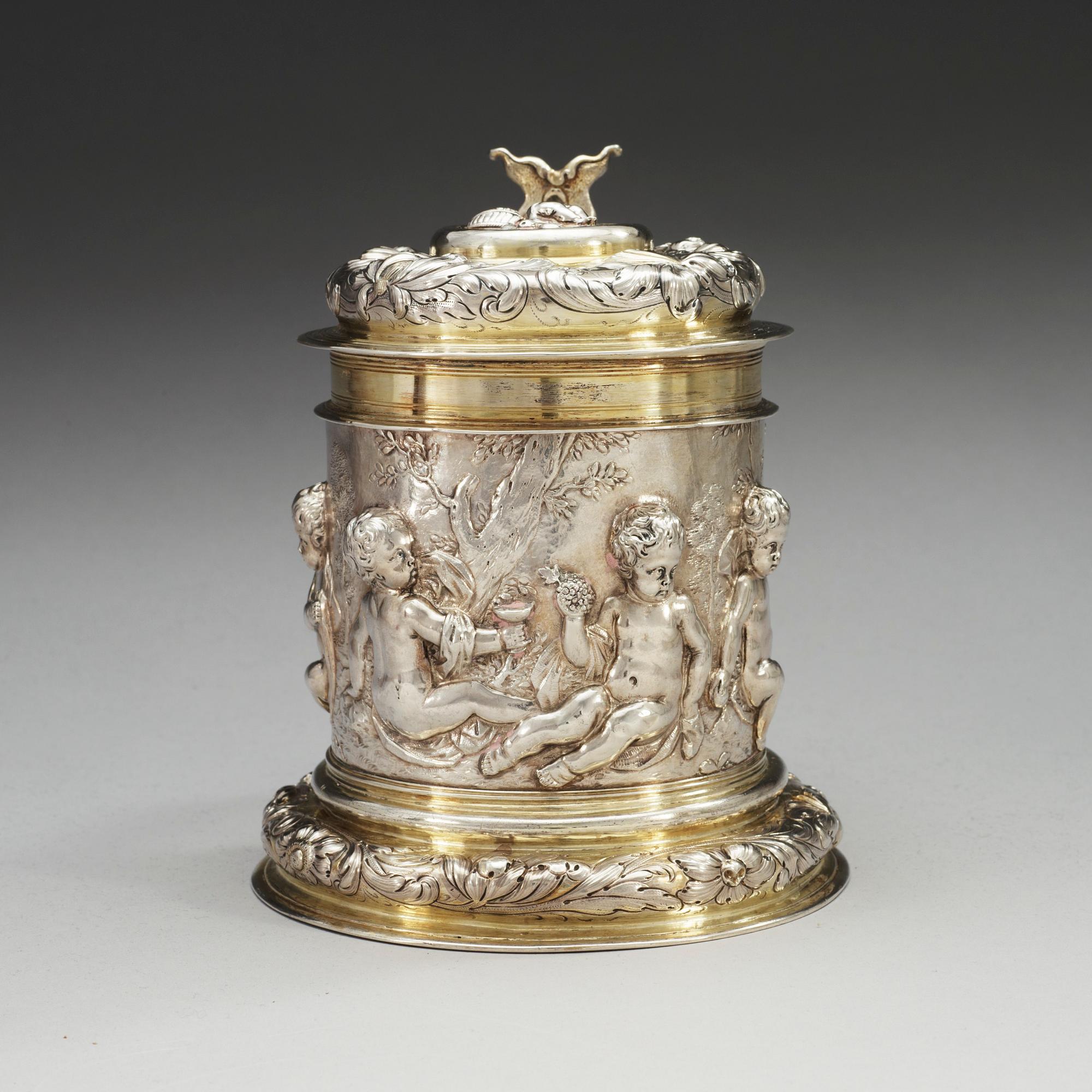 A German 17th century parcel-gilt tankard, makers mark of Johann Brockmer, Hamburg 1662-1685.