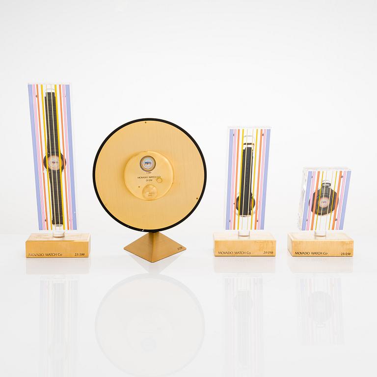 Yaacov Agam, Movado, "Rainbow", Two wrist watches, a table clock and a pocket watch.