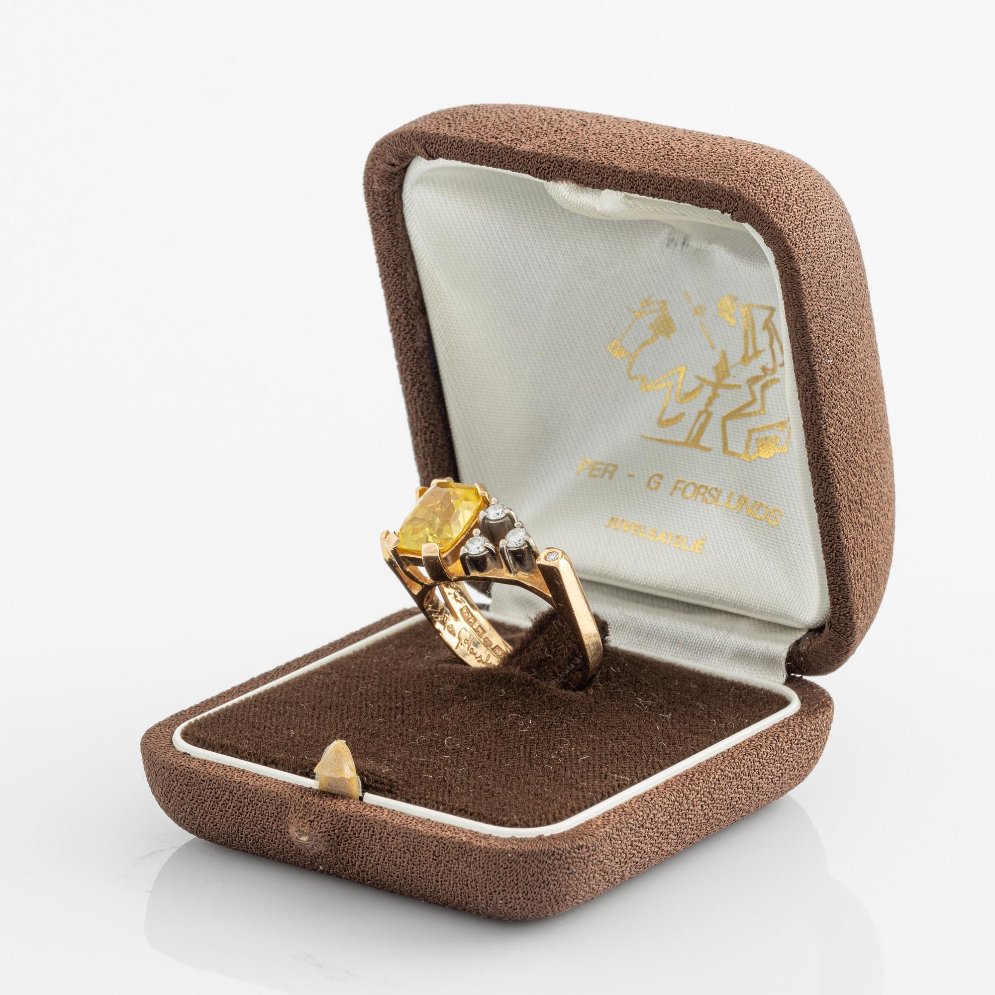 Ring, with cushion-shaped yellow sapphire and brilliant-cut diamonds, by Per G Forslund.
