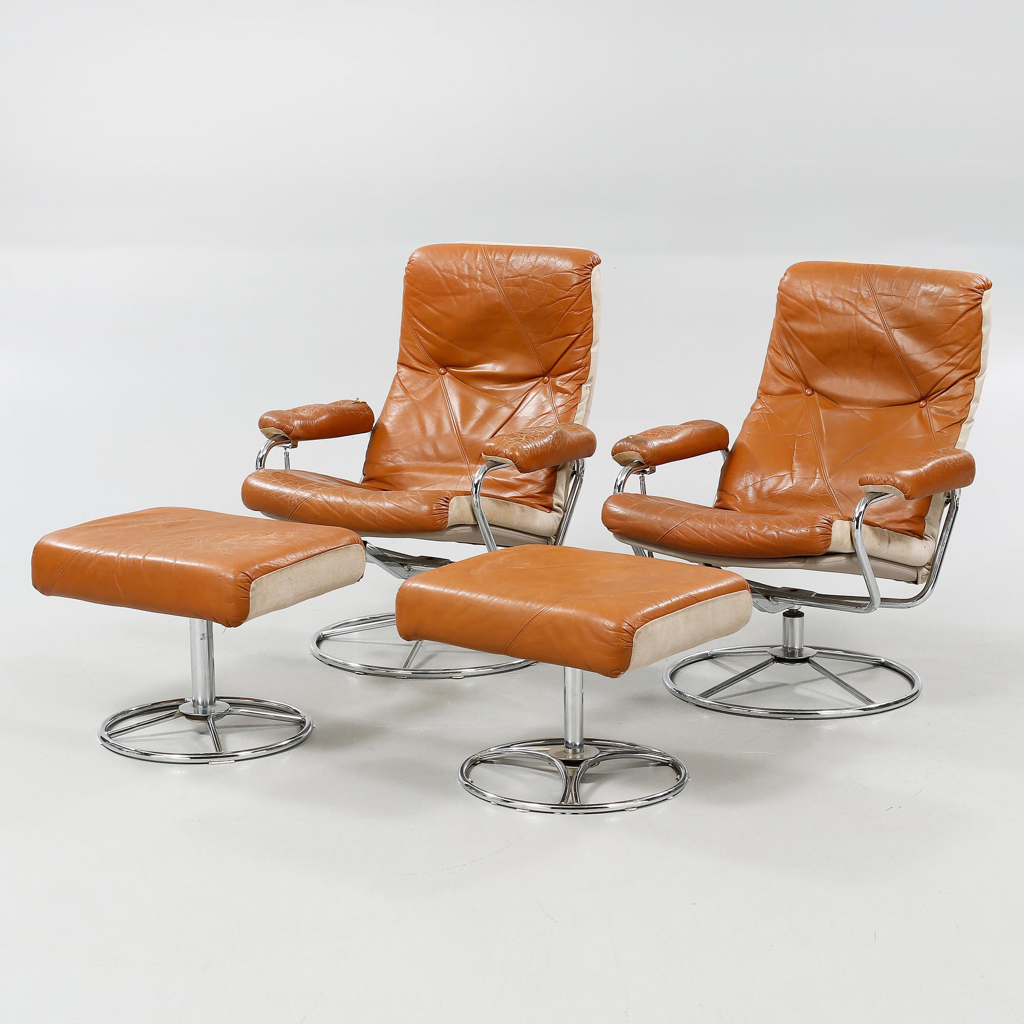 A pair of armchair and foot stools from Ikea, made in the fourth quarter of the 20th century.