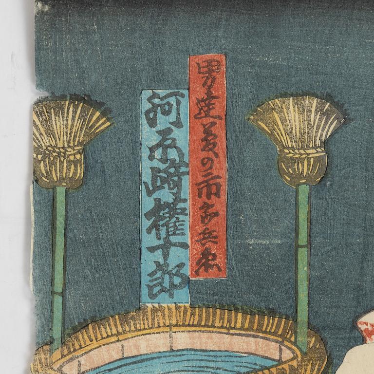 Utagawa School, färgträsnitt, 4st, Japan, 1800-talets mitt/andra hälft.